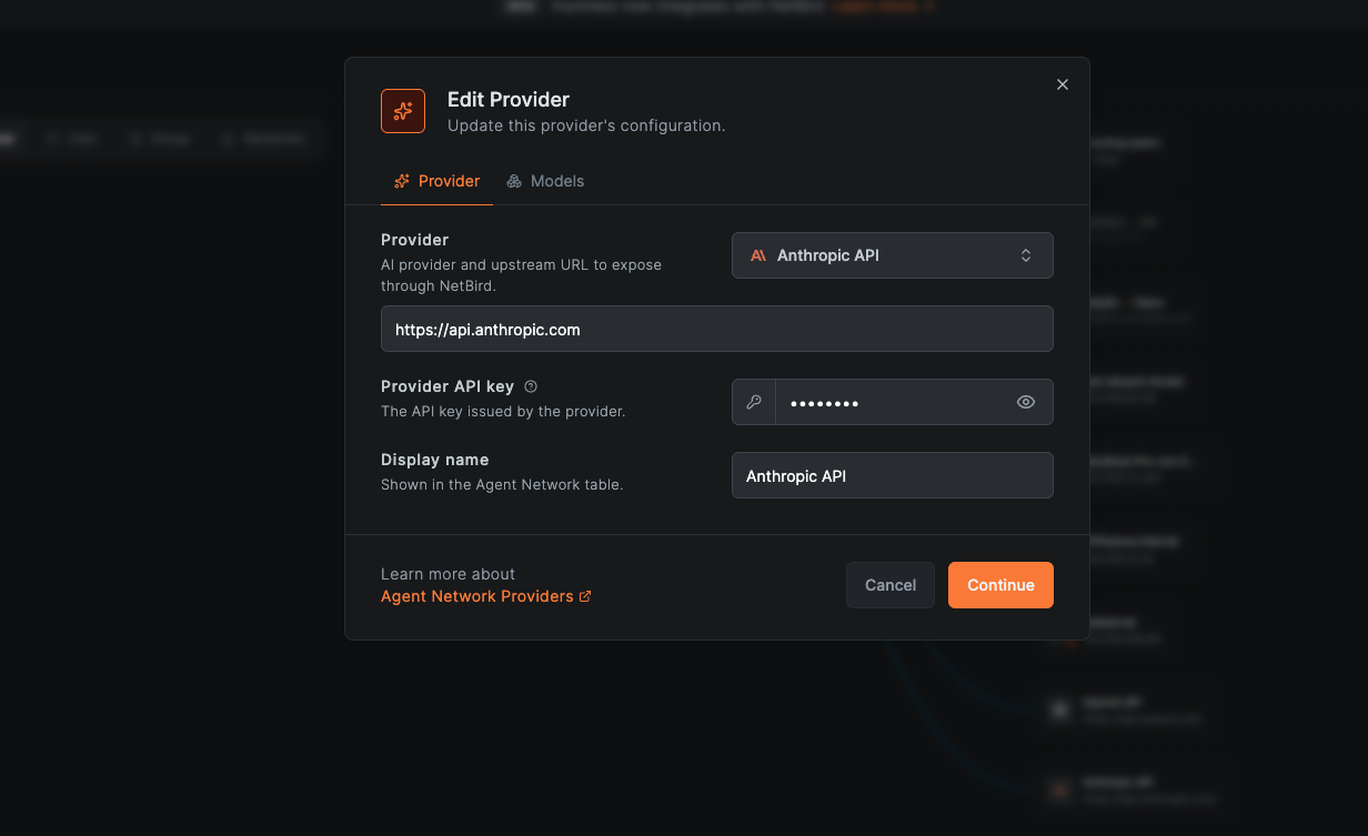The Edit Provider dialog opened from Control Center, showing the Anthropic API provider, its upstream URL, a masked API key, and the display name