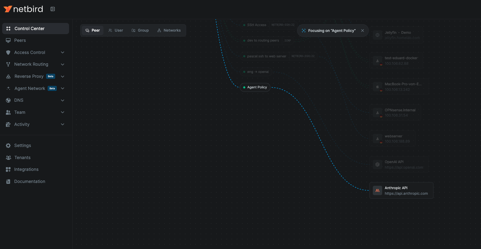 Control Center in the Peer view, focused on an agent policy that connects to the Anthropic API provider, with unrelated nodes dimmed