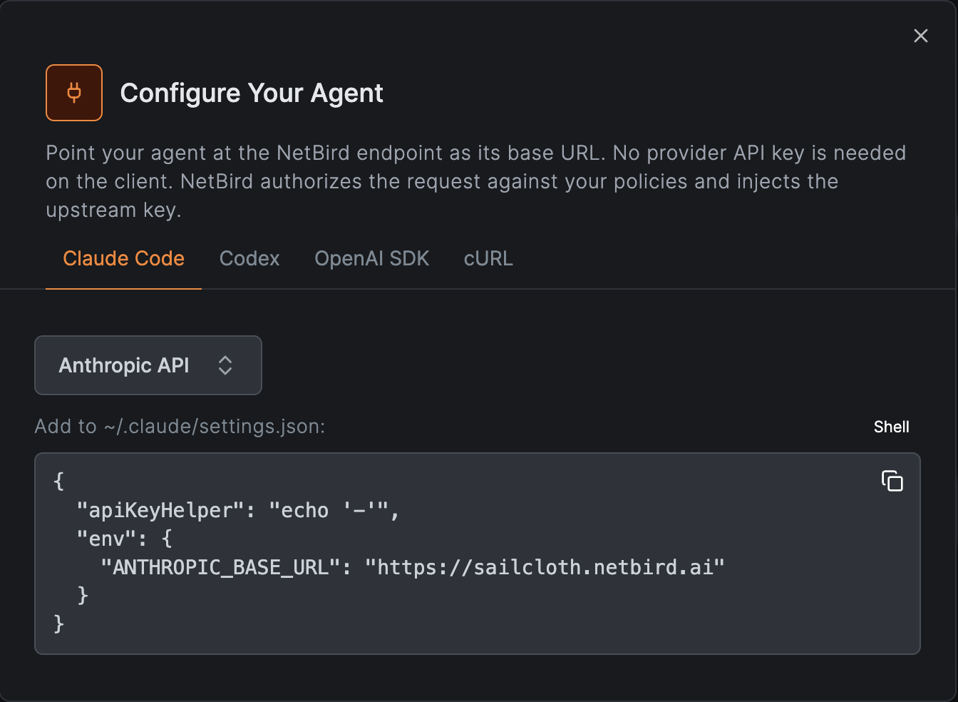 NetBird Configure Your Agent modal showing Claude Code settings.json configuration