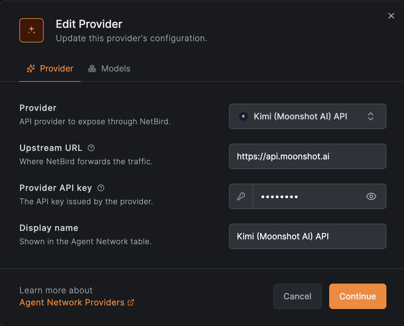 Connect the Kimi (Moonshot AI) provider in NetBird Agent Network