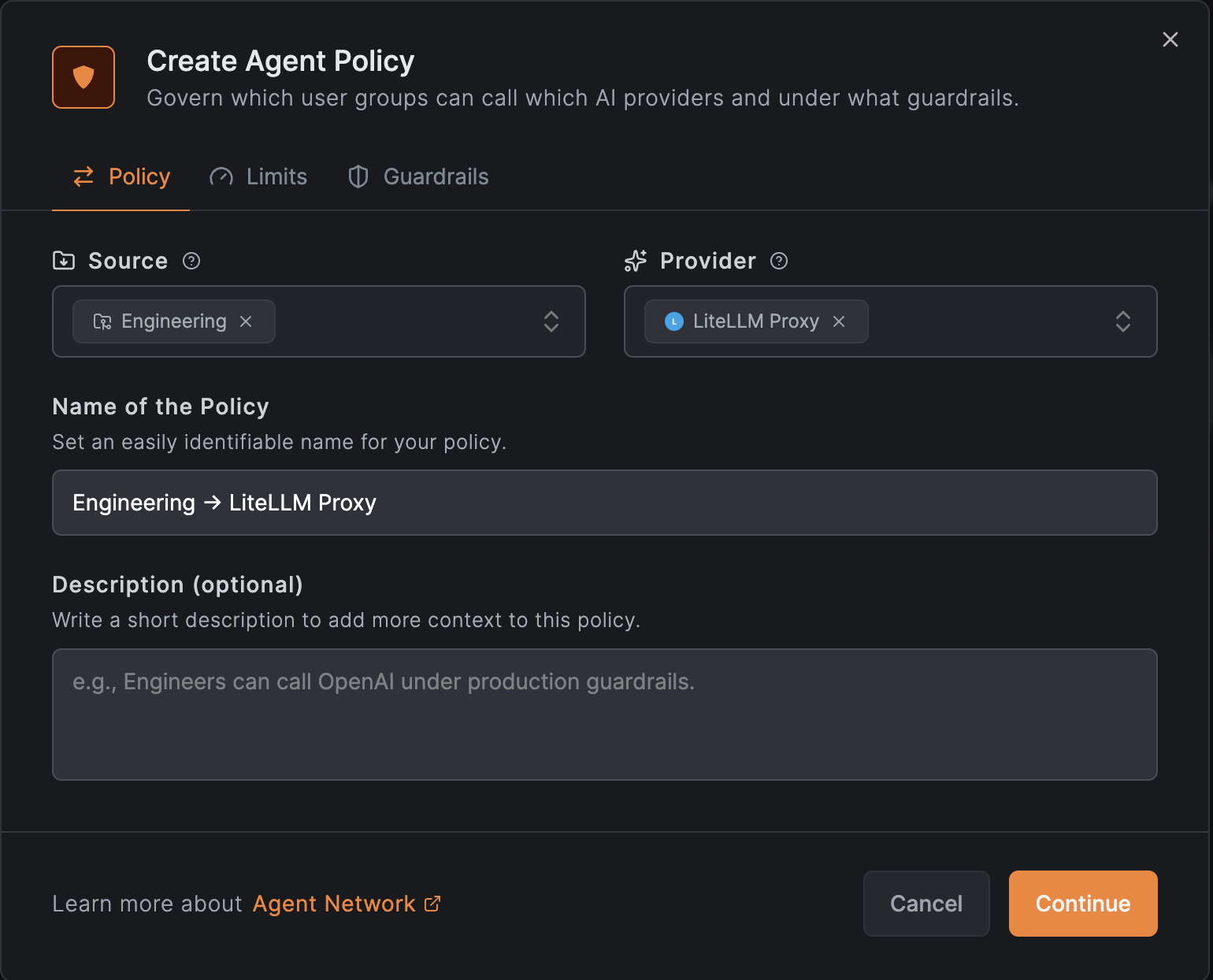 create a NetBird Agent Network policy authorizing LiteLLM