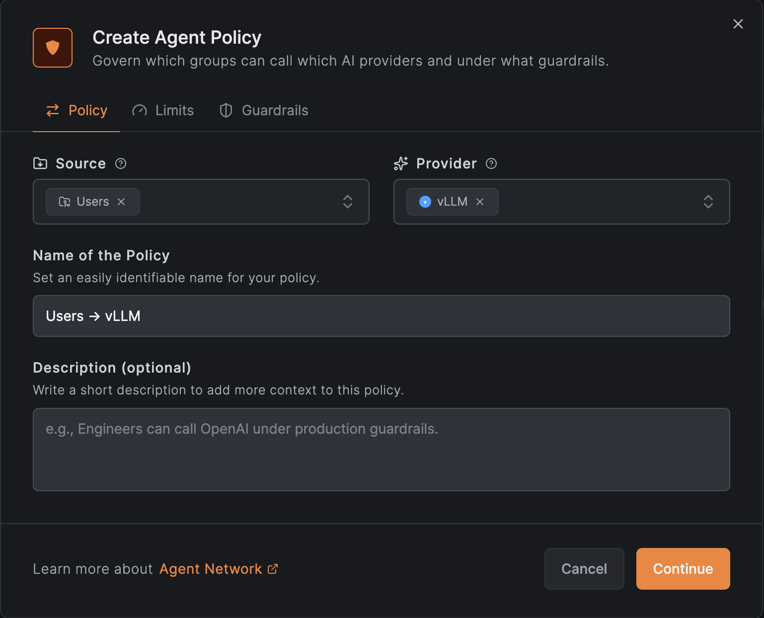 create a NetBird Agent Network policy authorizing vLLM