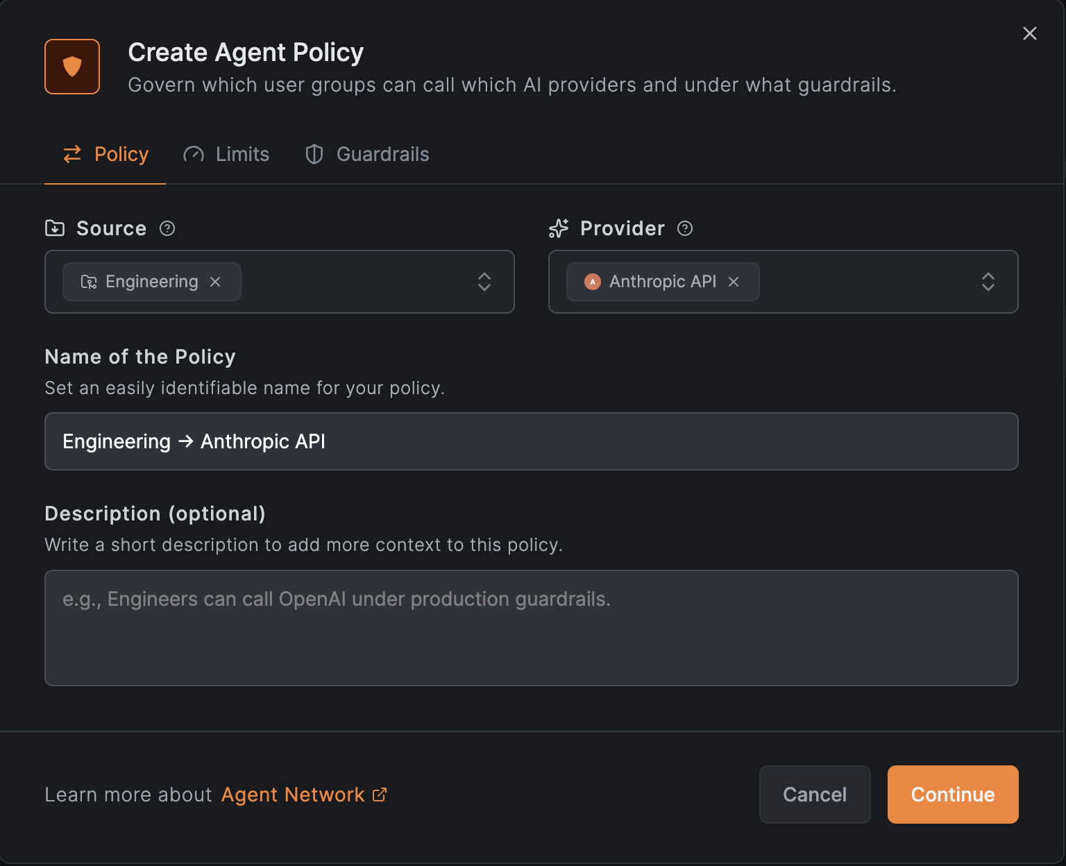 create a NetBird Agent Network policy authorizing Claude Code