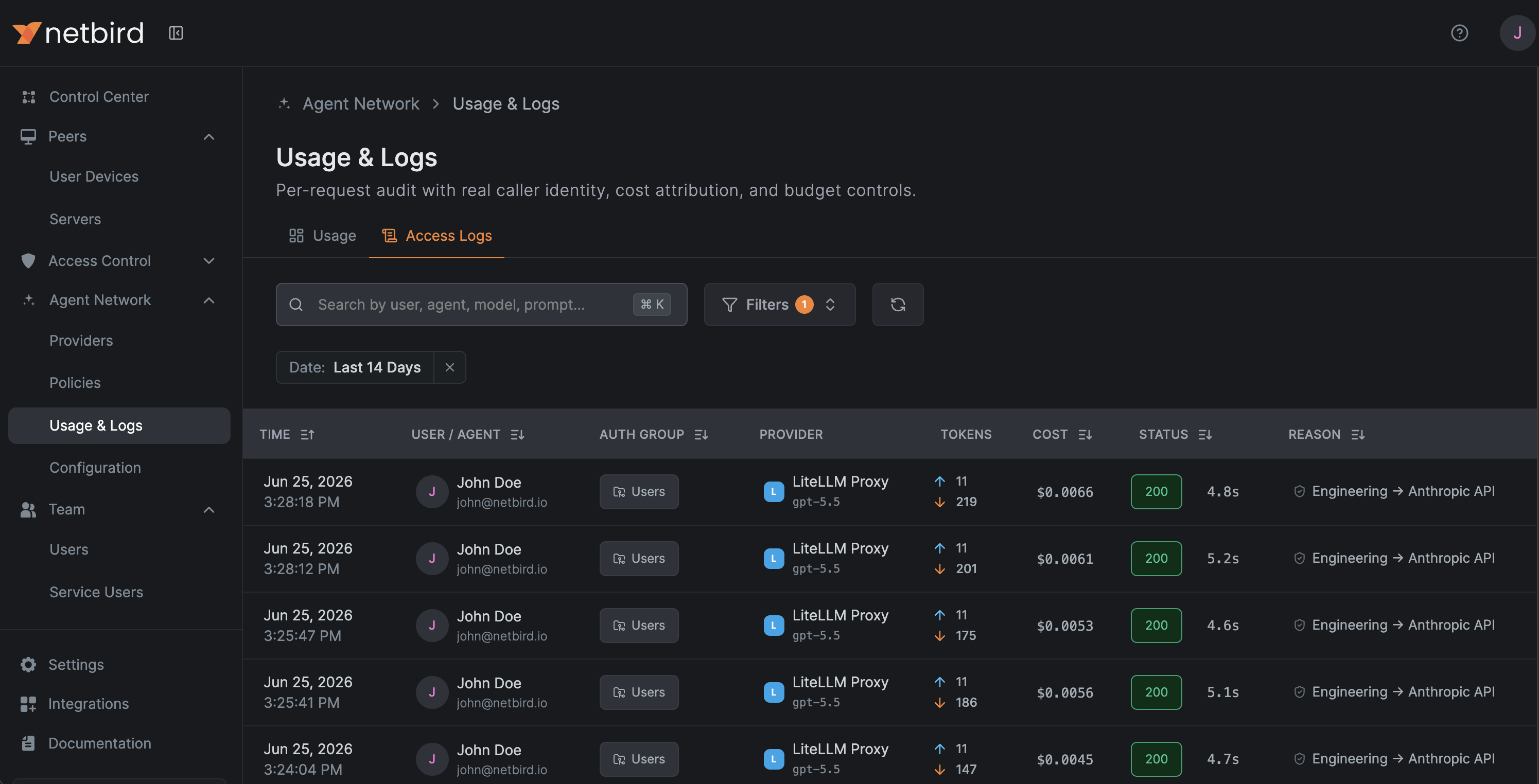 NetBird Access Logs showing LiteLLM Proxy requests with the Engineering auth group