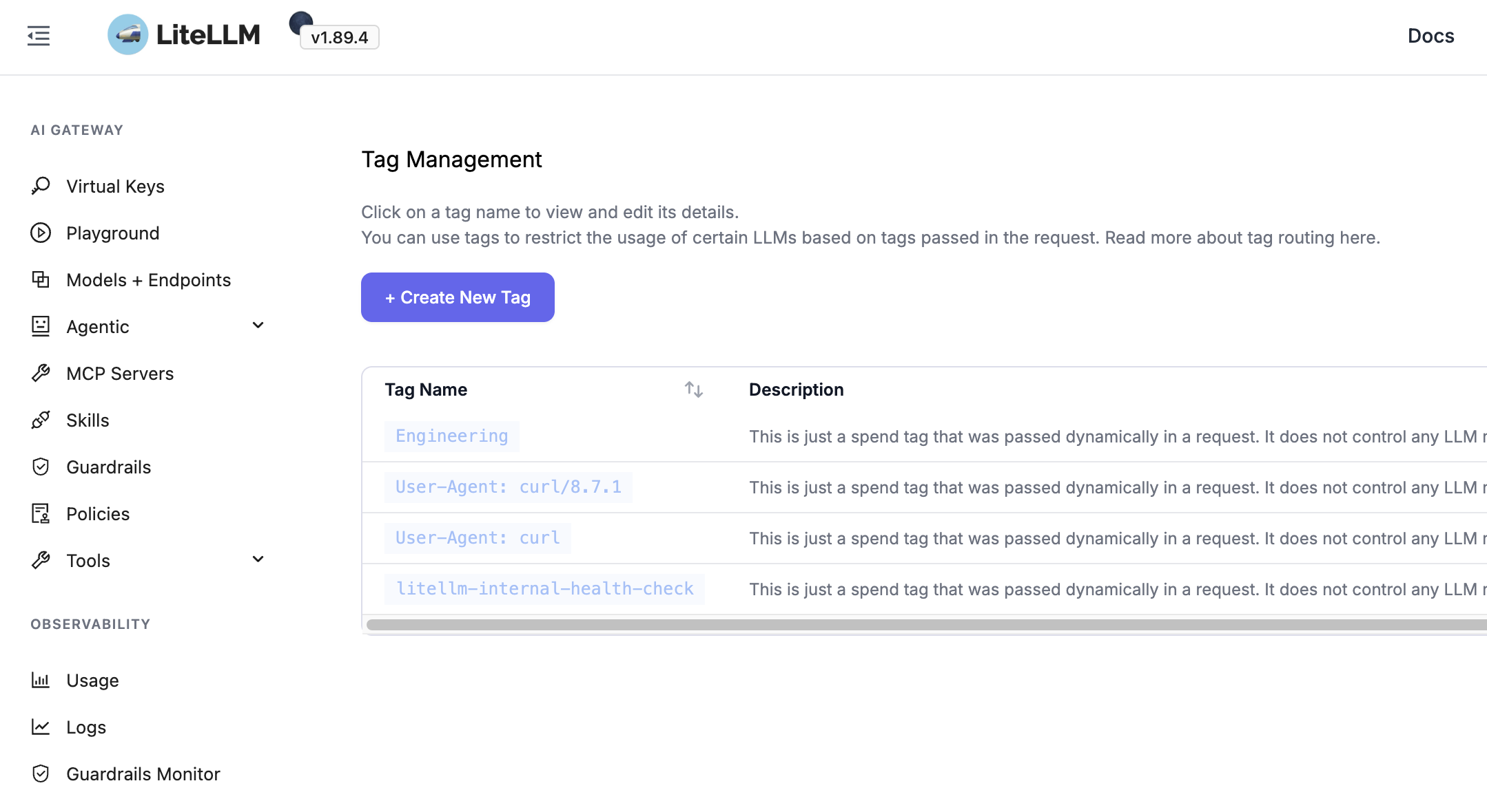 LiteLLM Tag Management listing the groups passed from NetBird, including Engineering