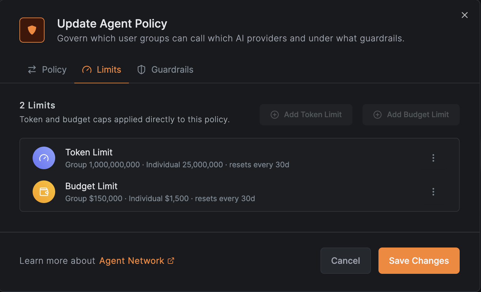 agent network token and budget limits on a policy