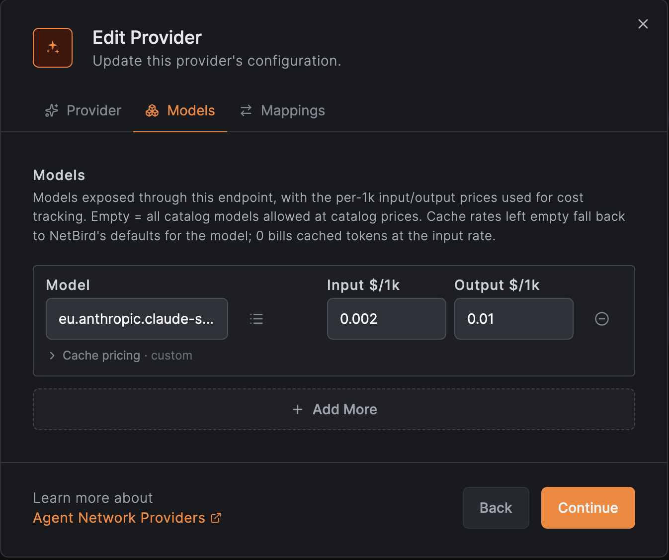 Models tab with a geo-specific Bedrock inference profile ID and manually entered input/output pricing