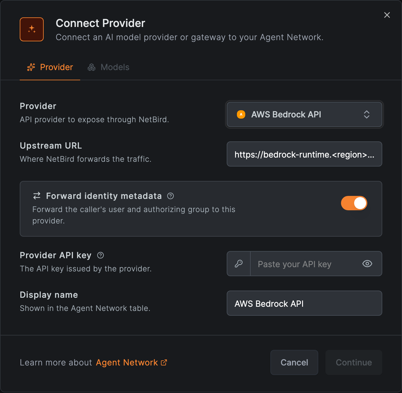 Connect Provider modal with the Disable identity metadata toggle
