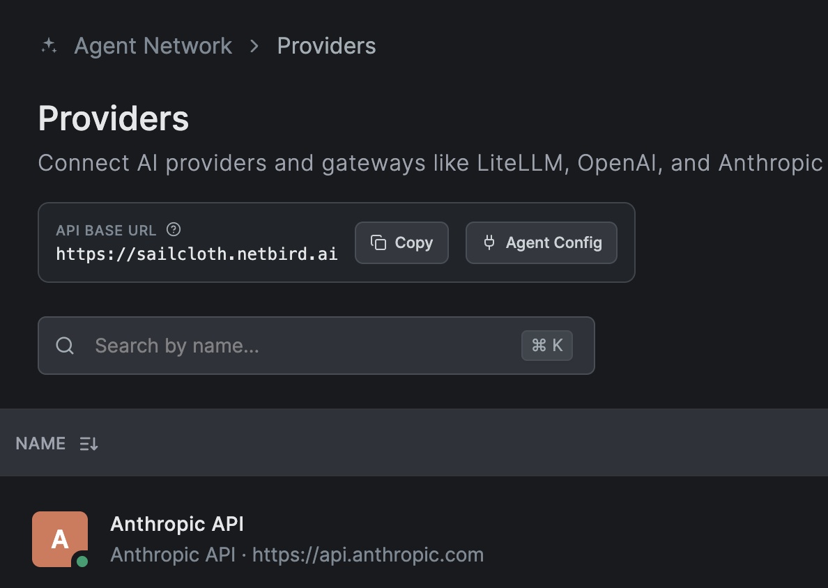 agent network endpoint on the Providers page
