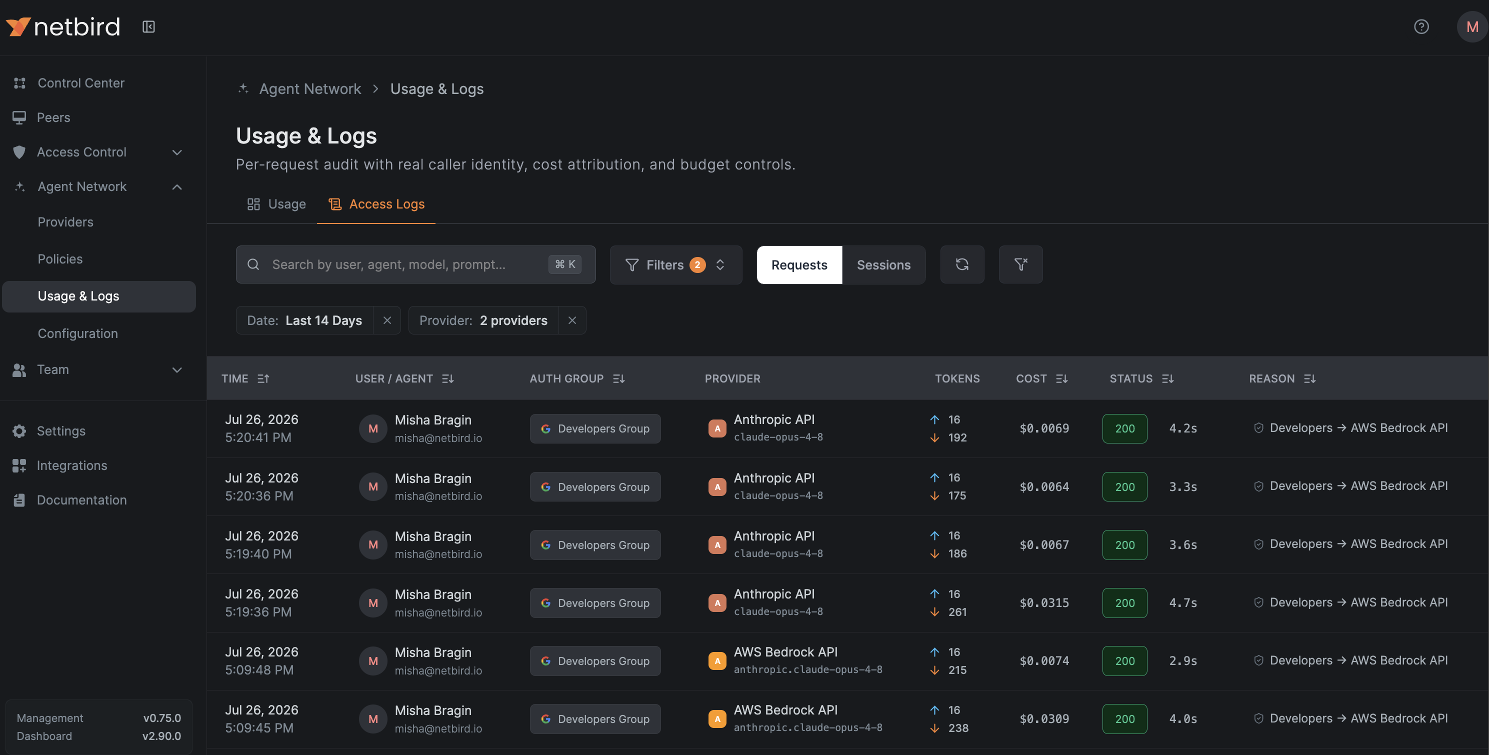 NetBird Agent Network access logs showing per-request Claude Code identity, group, model, cost, and status