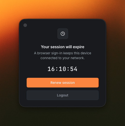 Session expiry dialog with a countdown and renew or logout actions