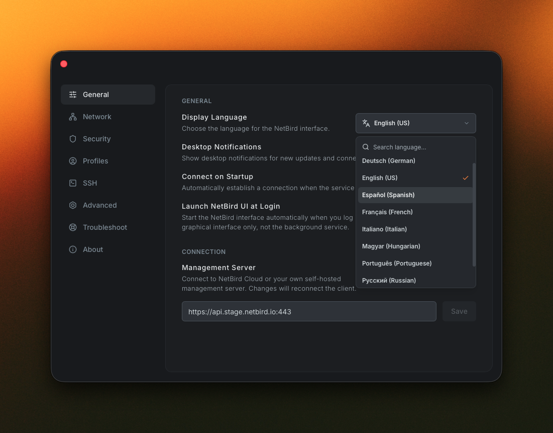 Settings page with the General tab and Display Language picker