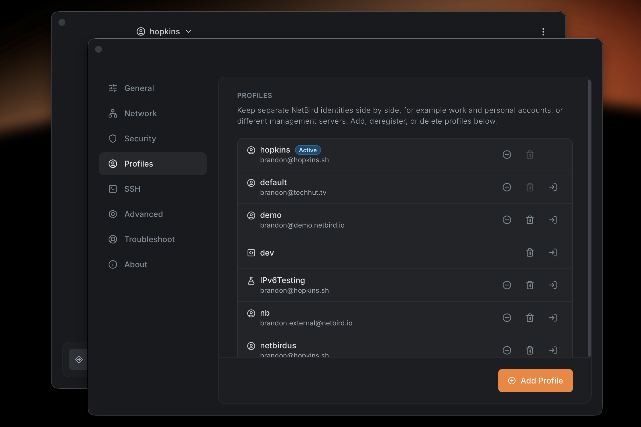 Profiles settings in the NetBird desktop app