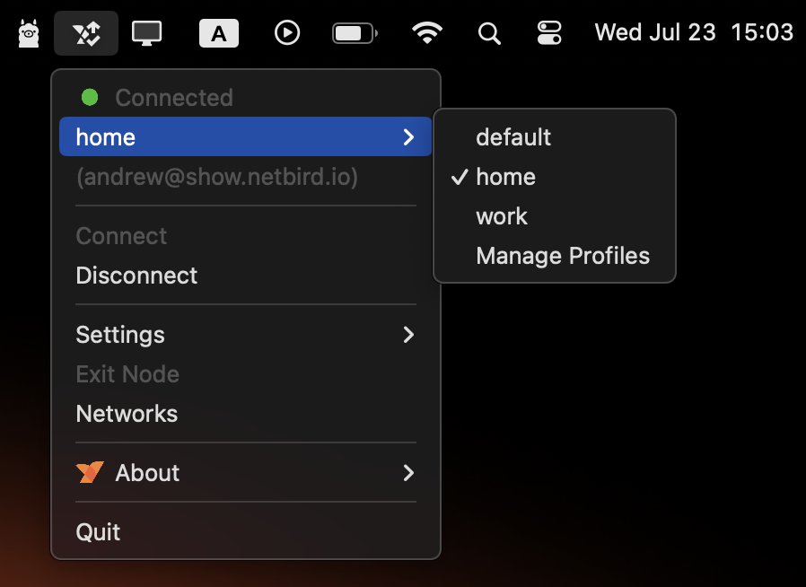 Profile selector in the NetBird desktop app