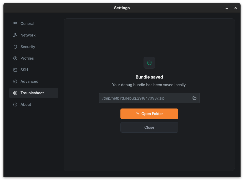 Completed debug bundle saved locally in the NetBird desktop app