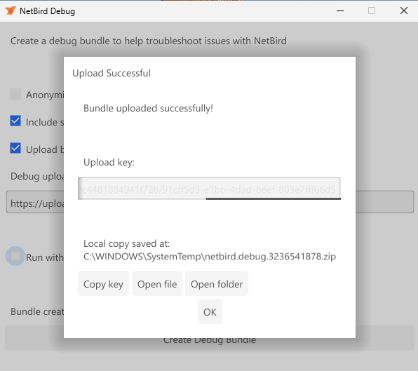 Completed debug bundle uploaded with a key in the NetBird desktop app