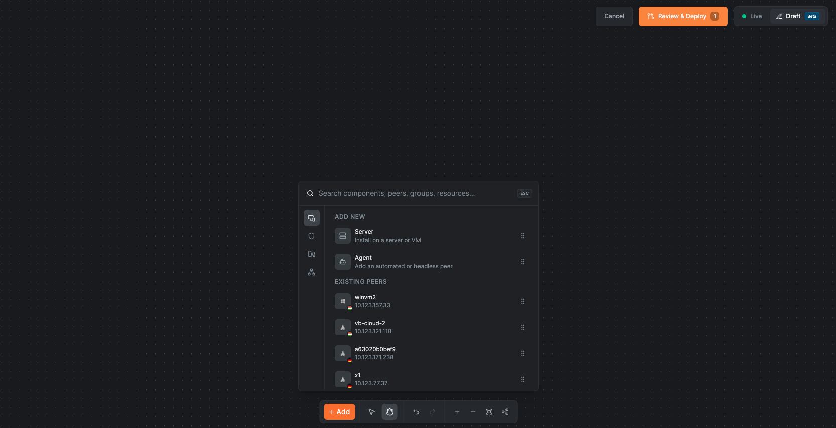 The components panel with Server and Agent templates under Add New and a searchable list of existing peers