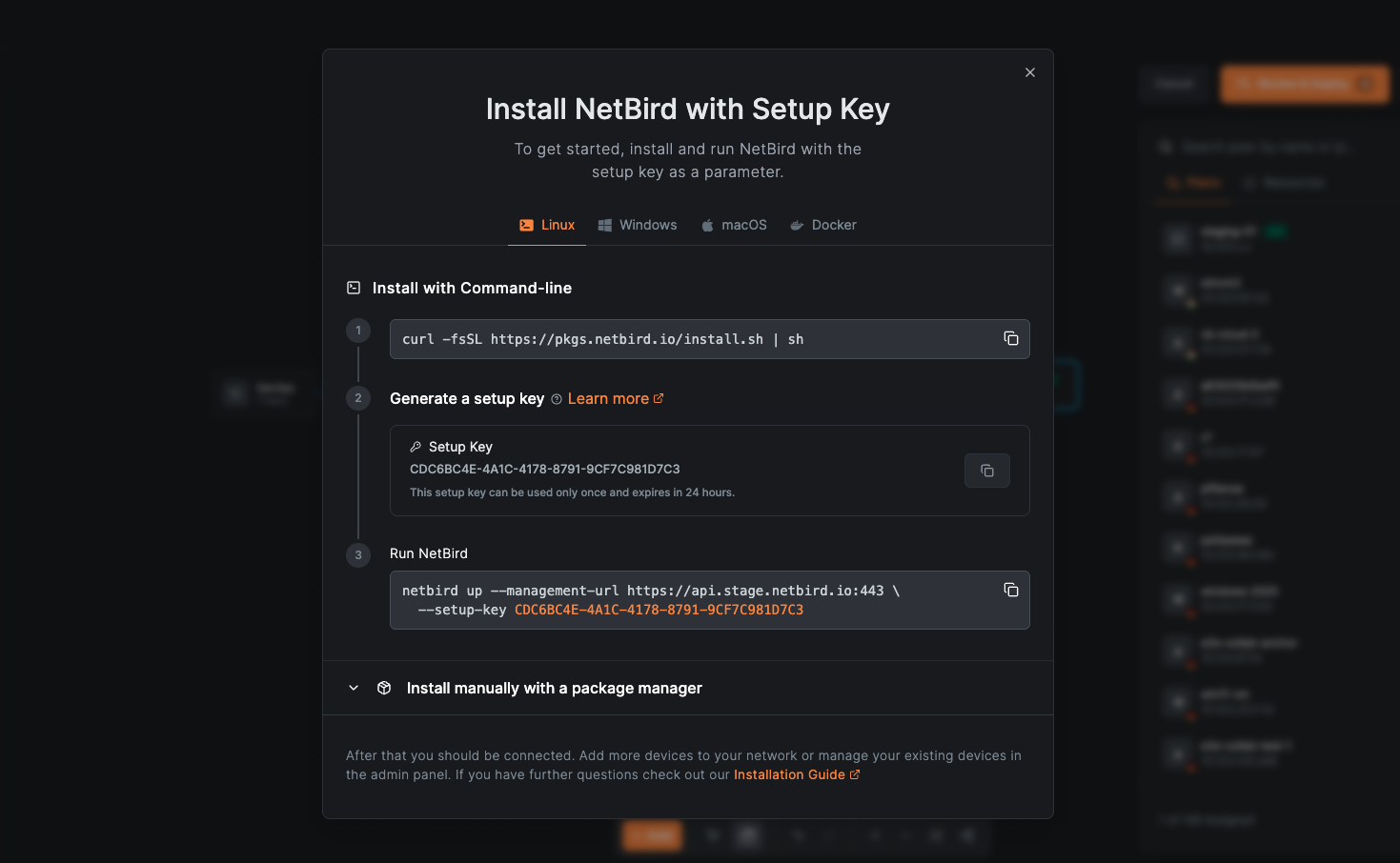 The Install NetBird dialog with the generated setup key command