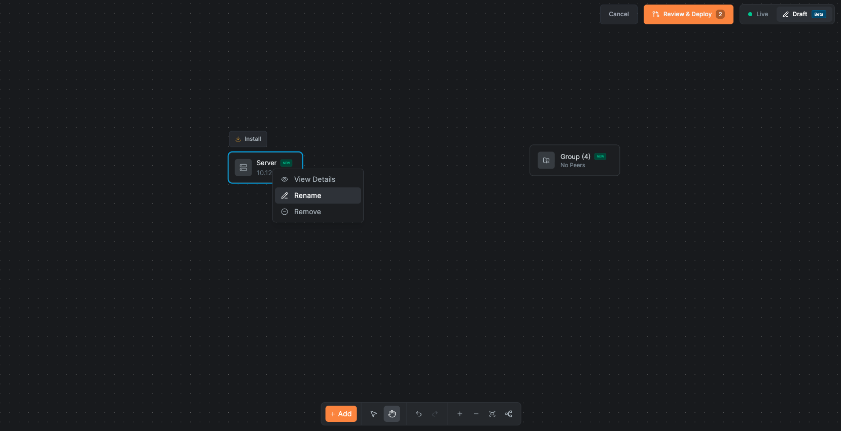 The right-click menu on a server node with the Rename option highlighted