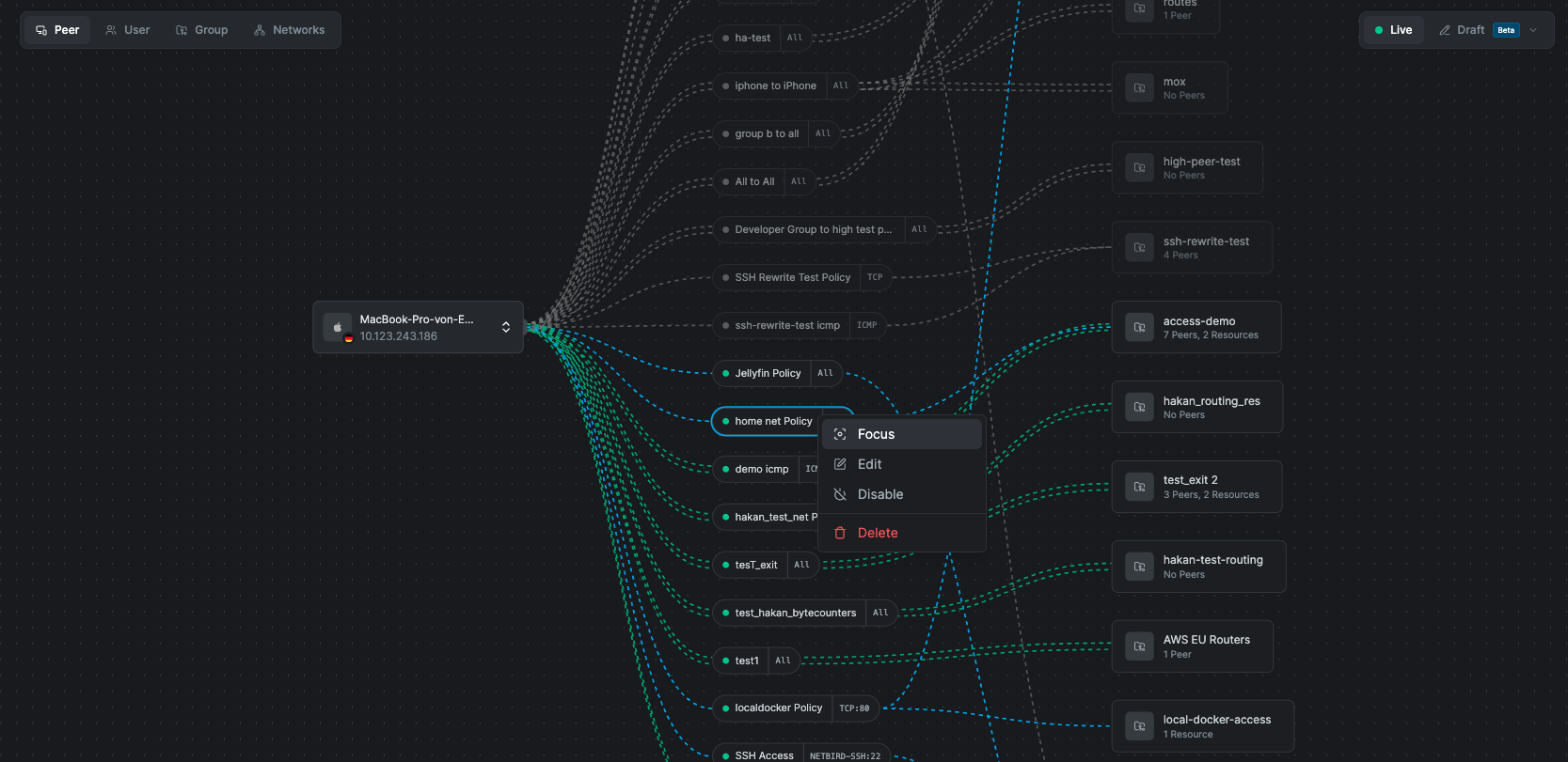 The right-click menu on a policy node with the Focus option highlighted