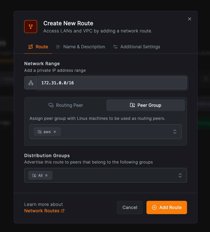 Create route with peer group