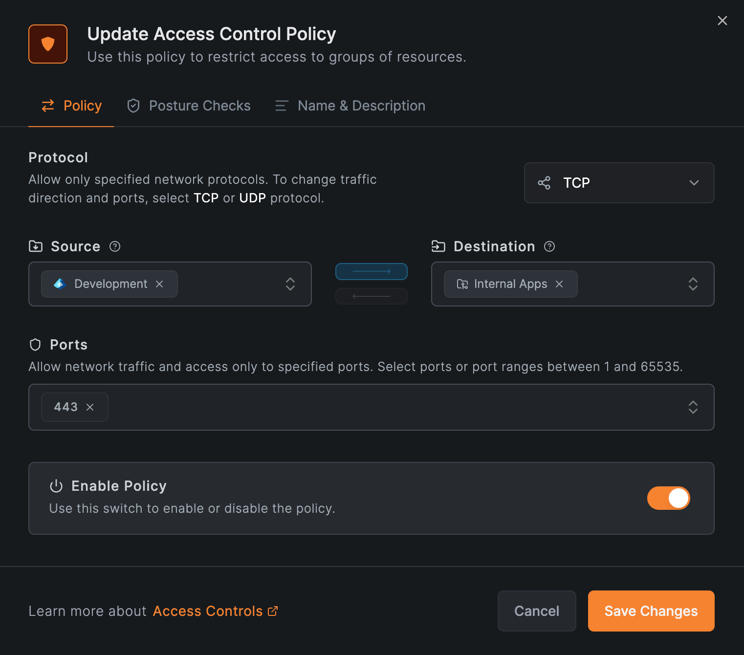 An access policy allowing the Development group to reach the Internal Apps group on TCP 443