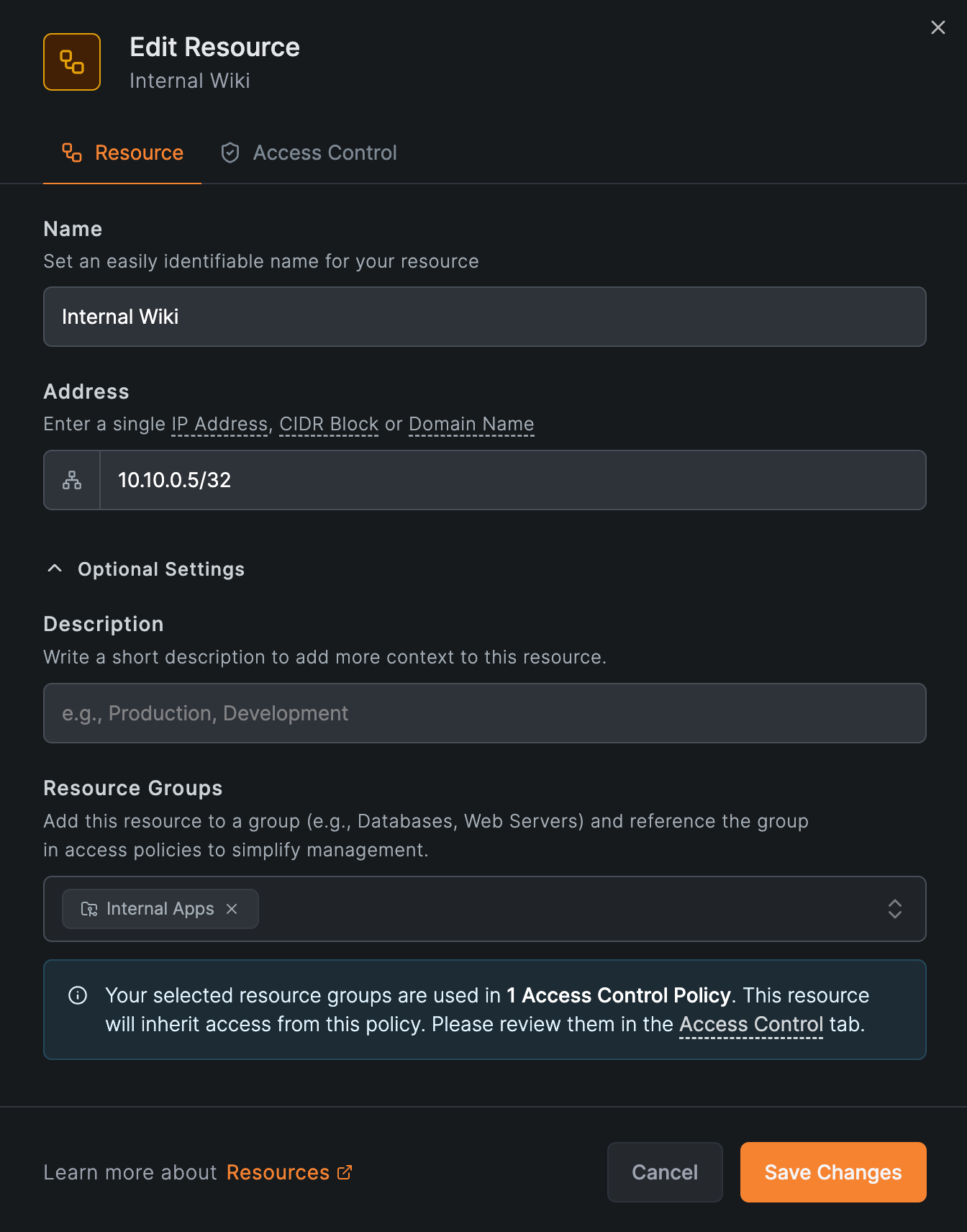 Adding the Internal Wiki resource (10.10.0.5/32) to the Internal Apps group