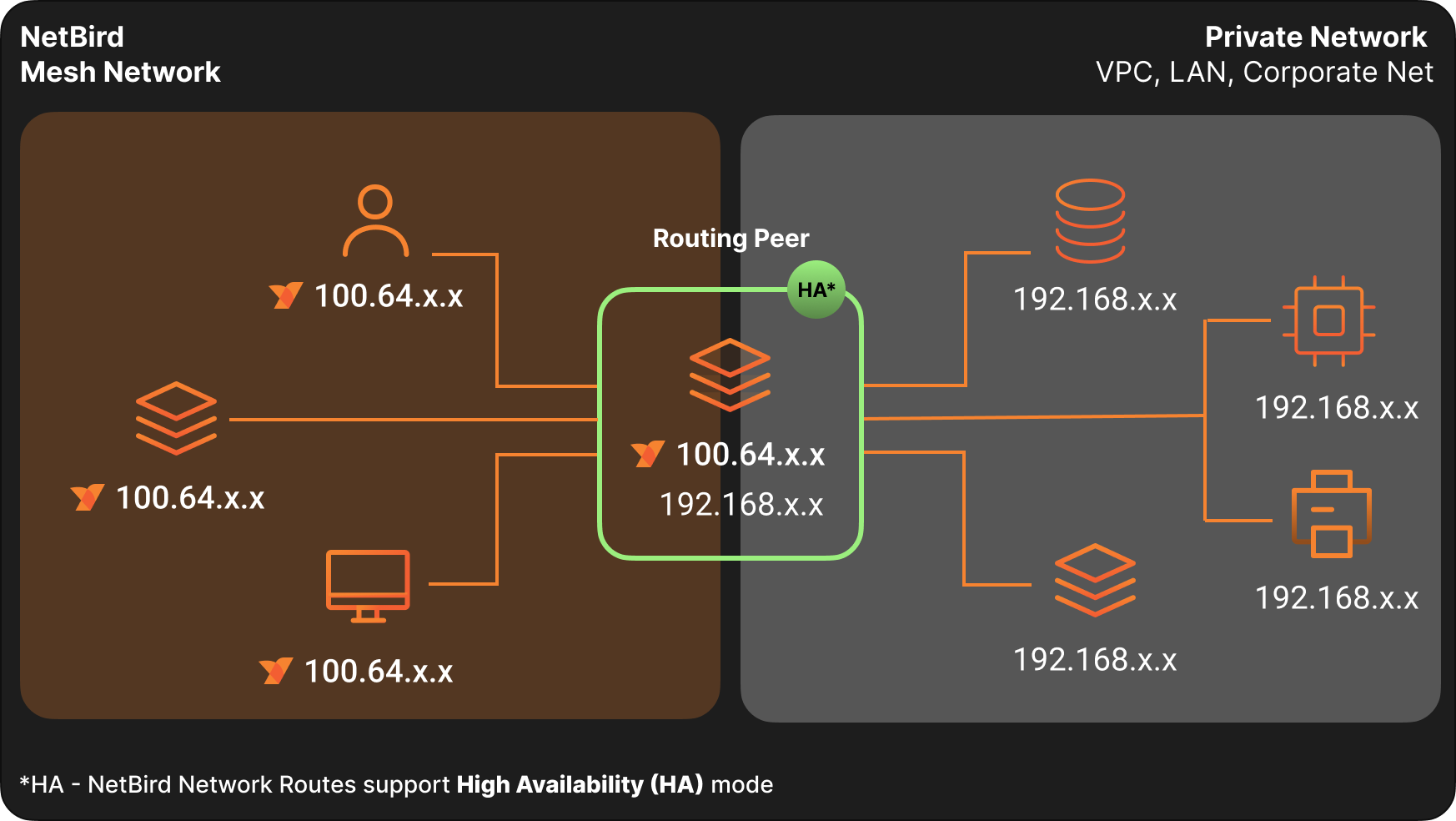 A NetBird client reaching resources on a private network through a routing peer
