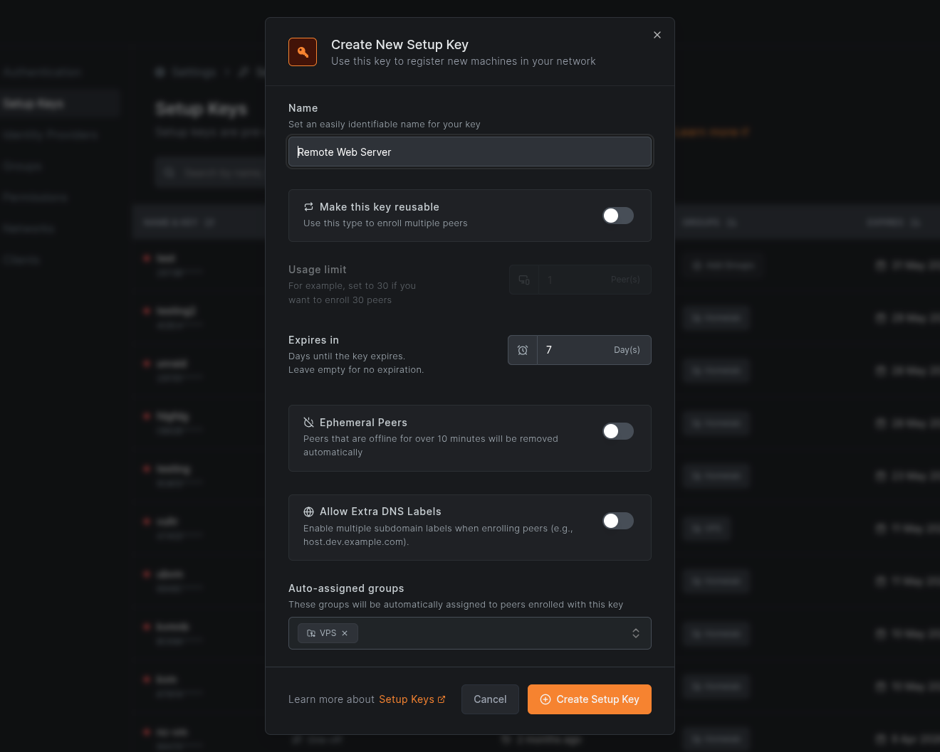 NetBird Creating Setup Key