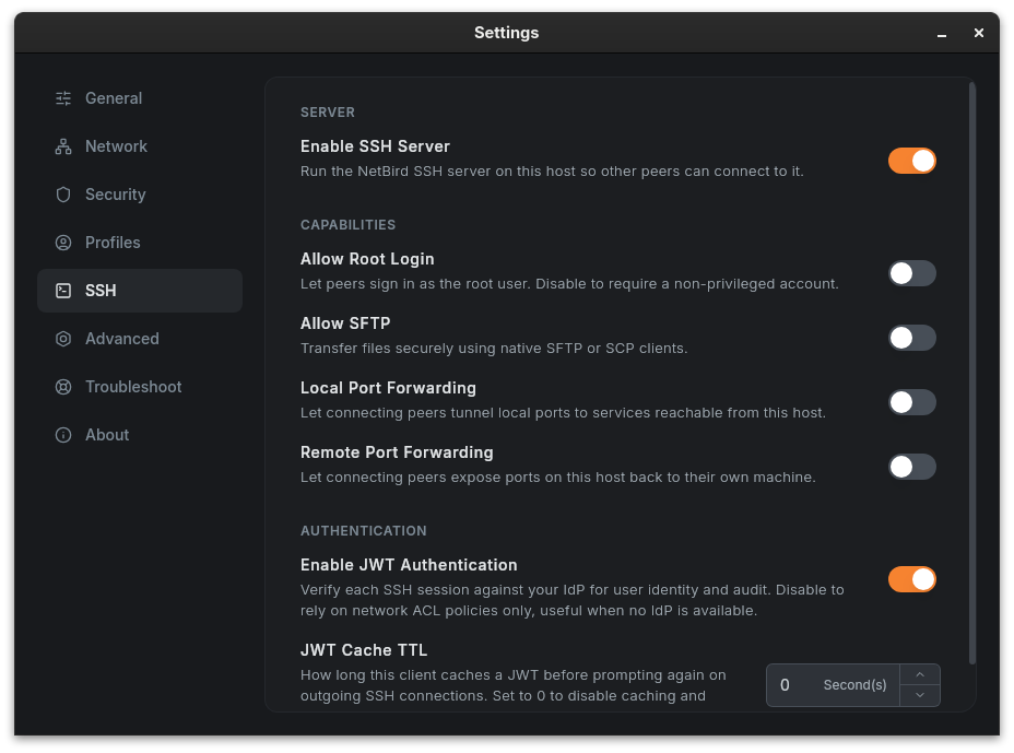 SSH server settings in the NetBird desktop app
