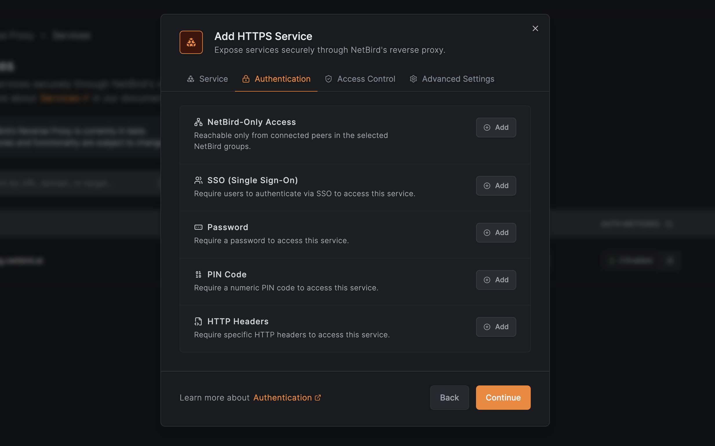 Add Service modal showing the Authentication tab