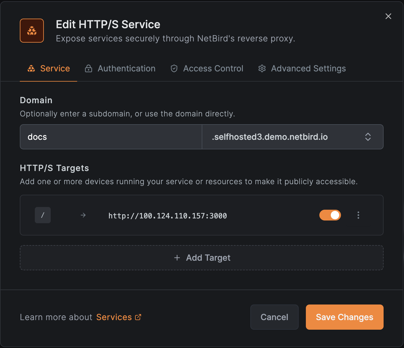 Add Service modal showing the Details tab