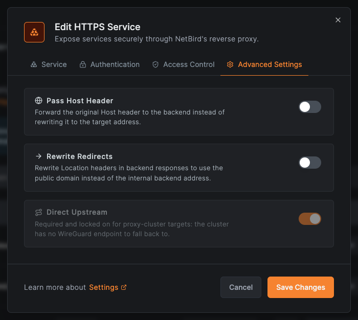 Add Service modal showing the Settings tab