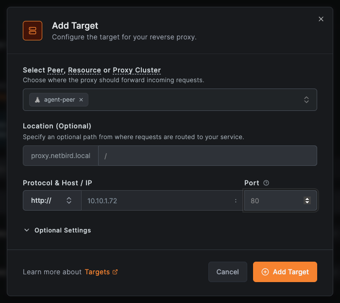 Add Target configuration modal showing the unified Peer / Resource / Proxy Cluster picker