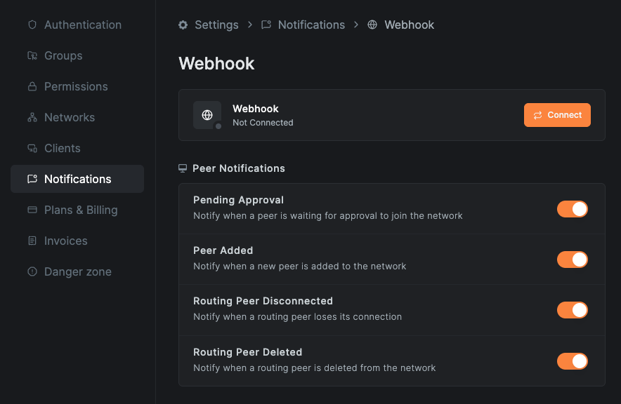 Webhook channel page with Connect button
