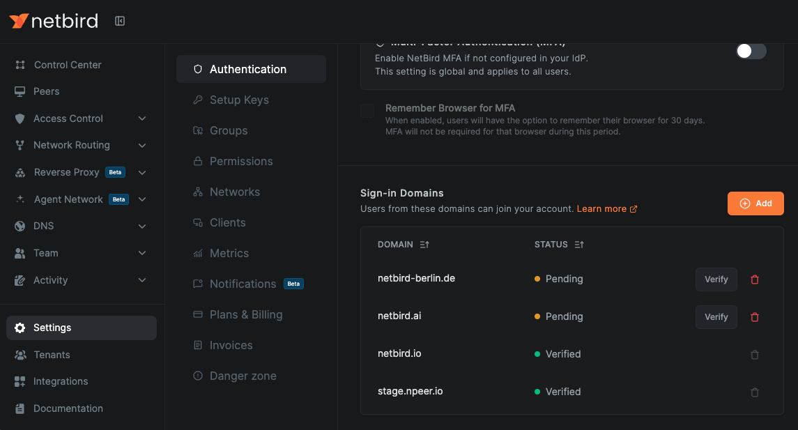 The Sign-in Domains section of the Authentication tab, listing the account's domains with their verification status