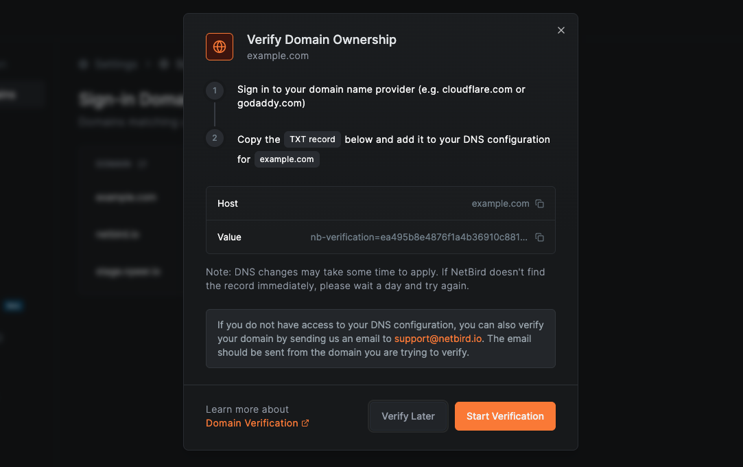The verification dialog showing the TXT record name and value to publish in DNS