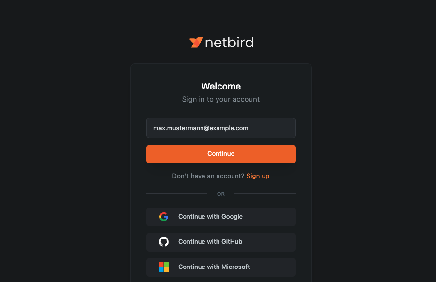 The NetBird login page, where a user signing in with an email address on a verified domain joins the existing account