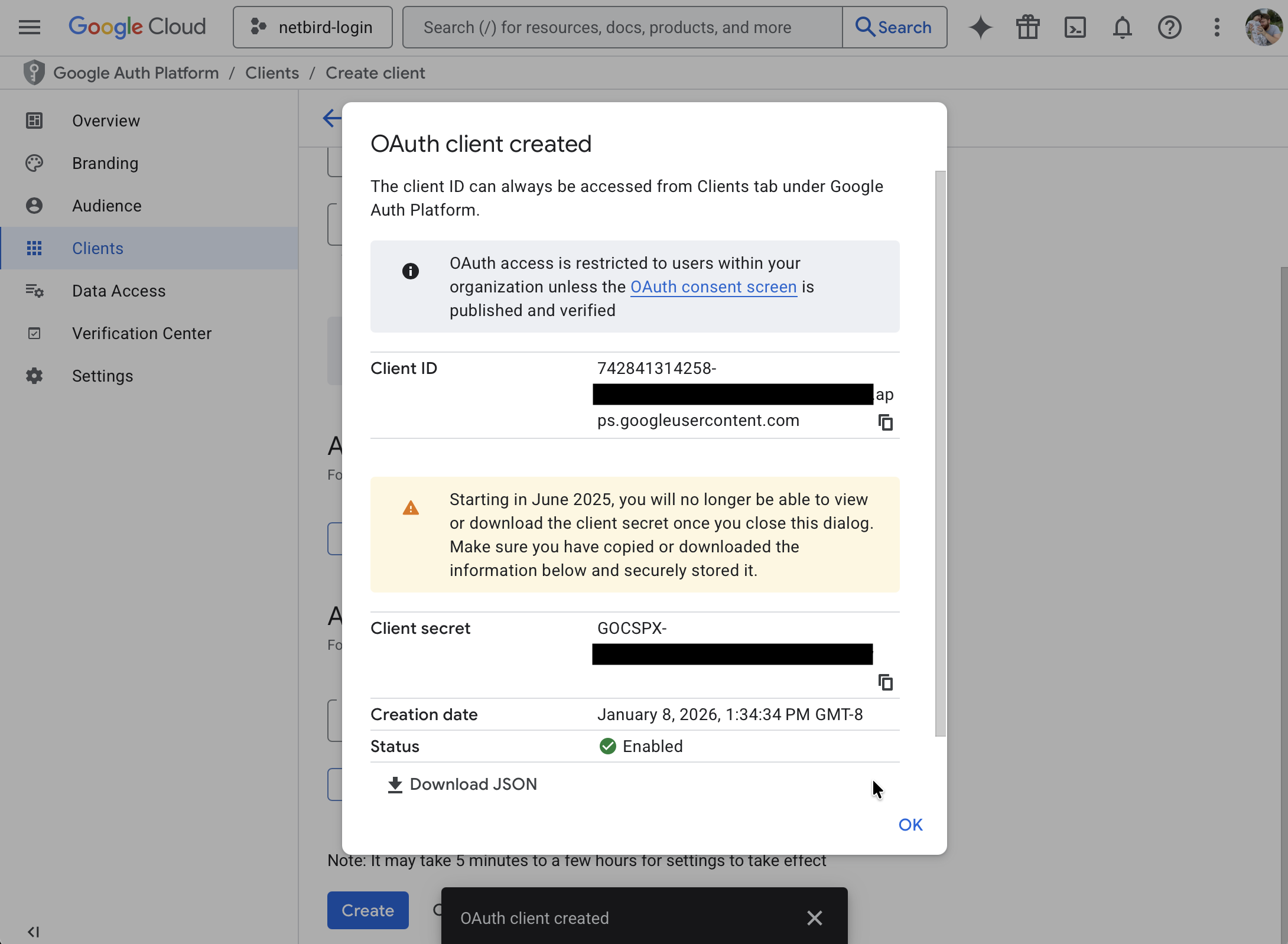 OAuth client created