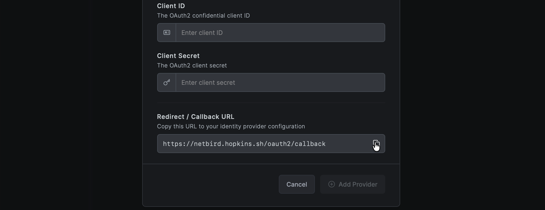 Copy callback URL from NetBird
