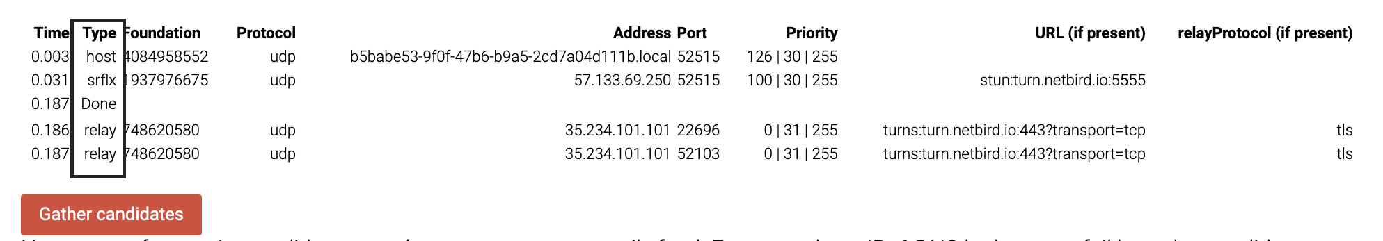 Trickle ICE test output listing host, srflx, and relay candidate types