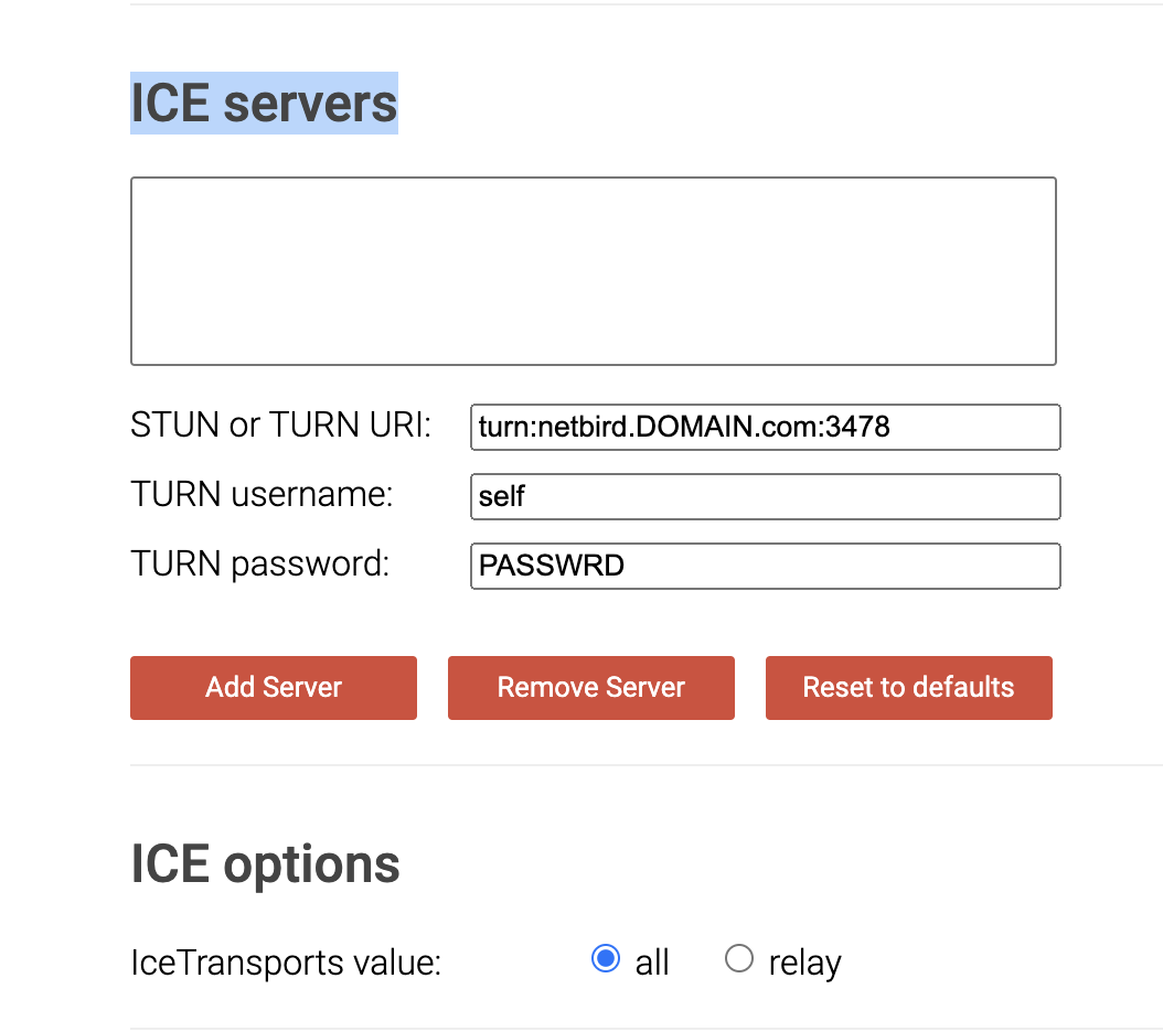 The Trickle ICE test tool with a NetBird STUN/TURN server added to the ICE servers list