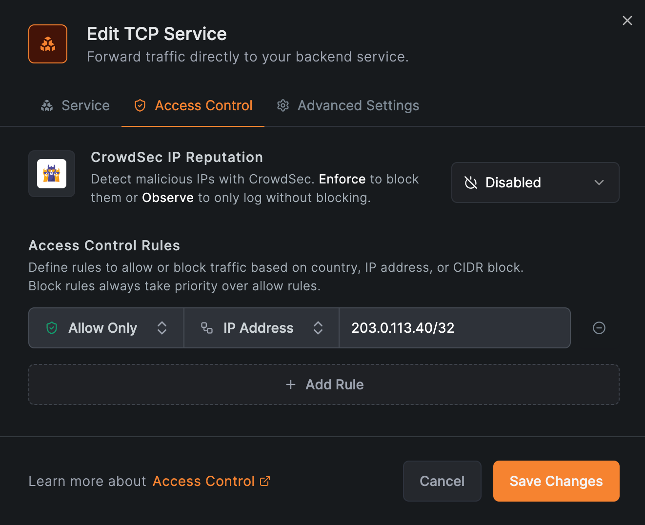 TCP service Access Control tab with an Allow Only rule for the IP address 203.0.113.40/32 and CrowdSec IP Reputation disabled